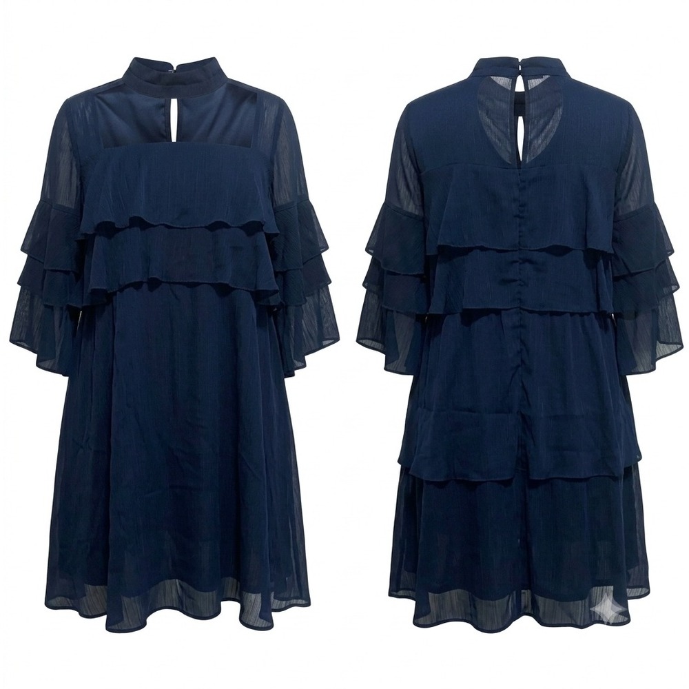 Pink Owl Navy Blue Ruffled Sleeves Layered Dress Size M NWT